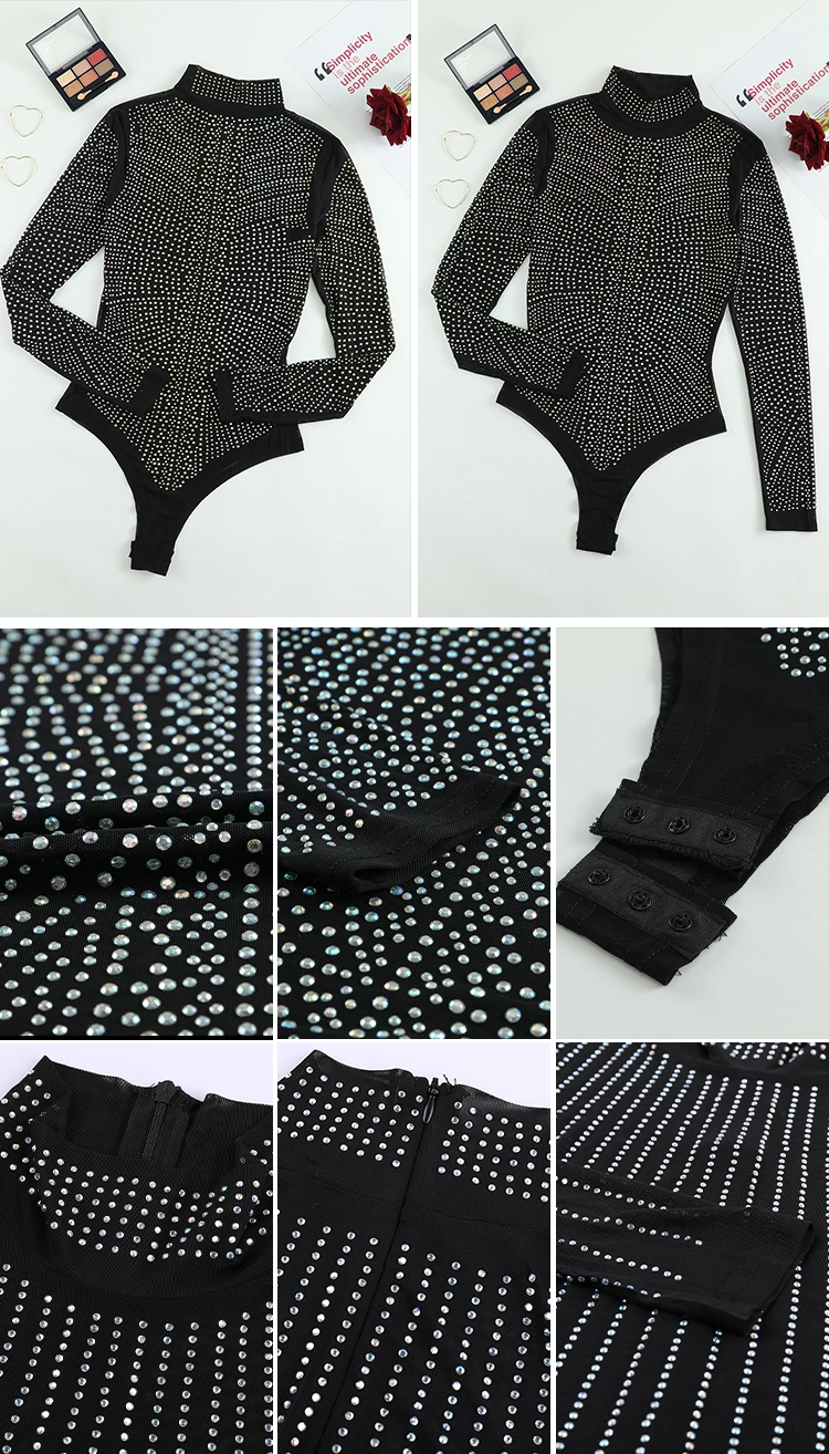 Sexy Ladies Black Mesh Silver Studded Mock Neck Long Sleeve Bodysuit