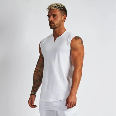 Summer Cotton V-Neck Fitness Tank Top Men Gym Clothing Bodybuilding Sleeveless Shirt Workout Fashion Sports Singlets Muscle Vest